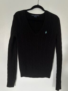 Ralph Lauren Black Cable V-Neck Sweater with Aqua Pony Embroidery